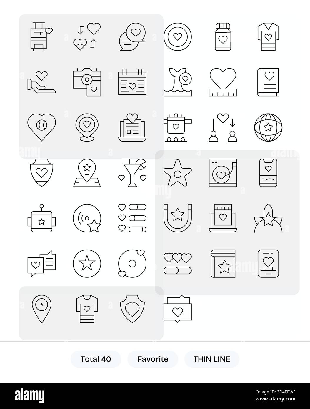 Affinez votre marque avec 40 icônes Thin Line basées sur vos favoris, idéales pour les applications, les sites Web et les tableaux de bord. Illustration de Vecteur