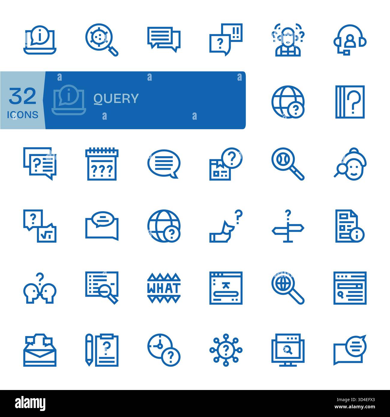Améliorez la navigation à l'aide de 32 icônes de ligne en gras basées sur Query, conçues pour guider les utilisateurs. Illustration de Vecteur