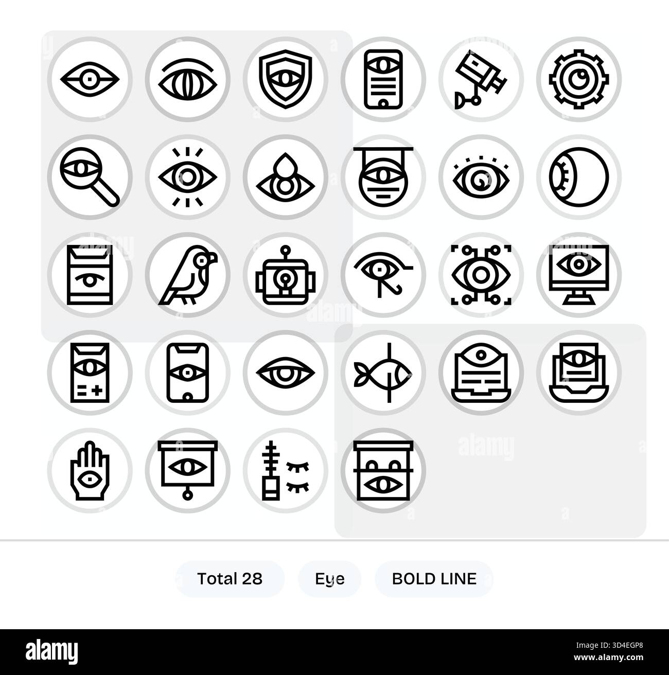 Améliorez la navigation à l'aide de 28 icônes en gras basées sur Eye, conçues pour guider les utilisateurs. Illustration de Vecteur