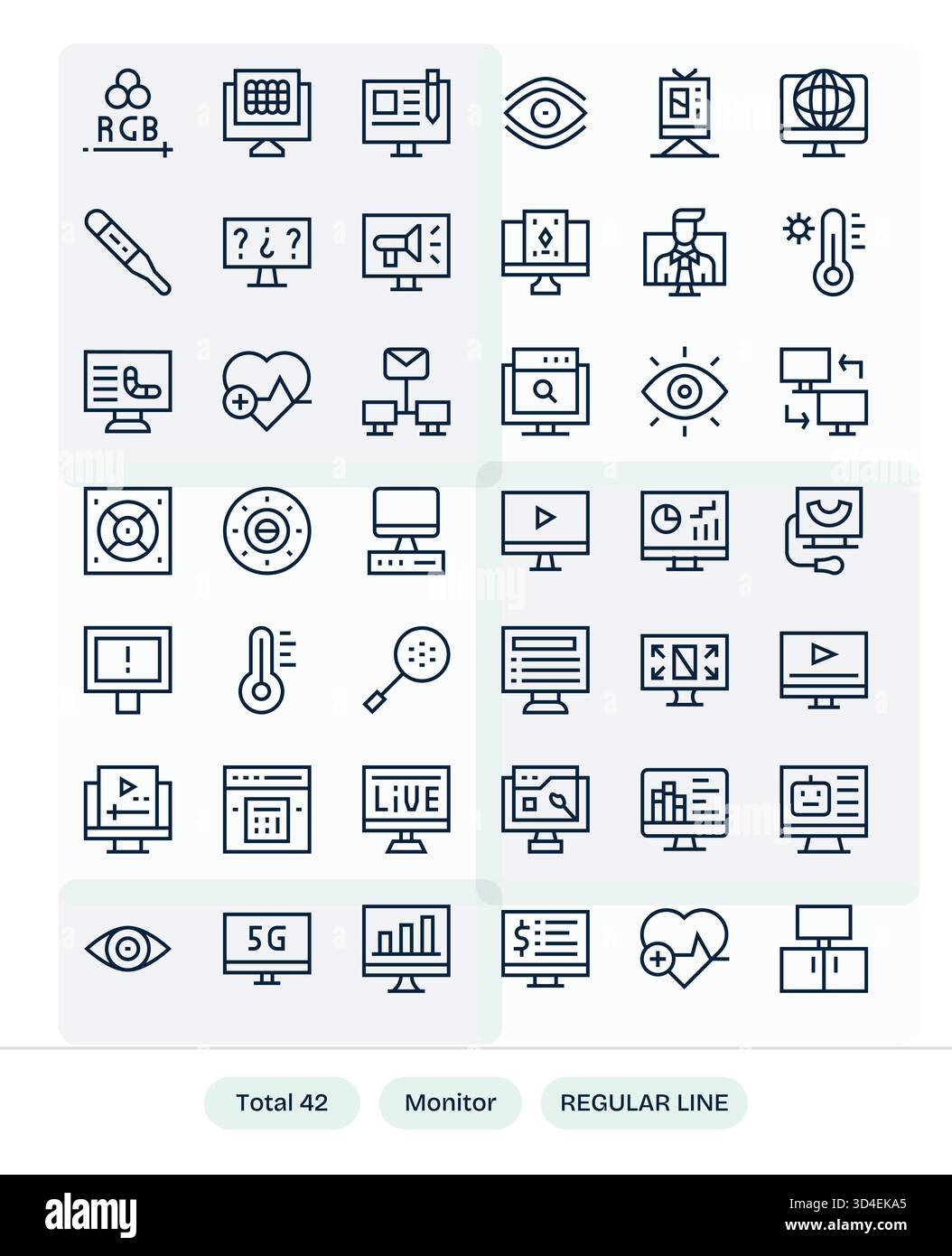 Un ensemble polyvalent et de haute qualité de 42 icônes de ligne régulière basé sur Monitor, prêt pour n'importe quelle pile. Illustration de Vecteur