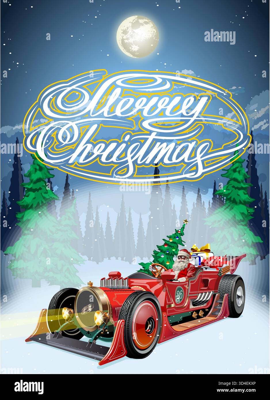 Carte de Noël vectorielle avec le Père Noël conduit une voiture de sport de fiction vintage avec des cadeaux à travers la forêt d'hiver la nuit. Format vectoriel EPS-10 disponible Illustration de Vecteur