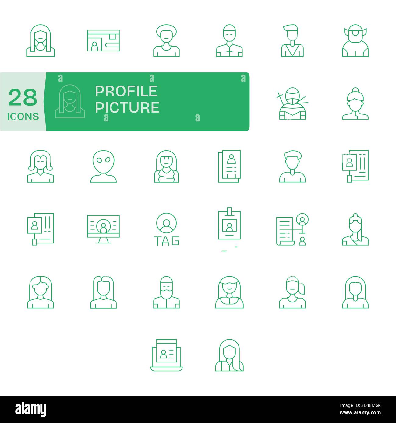 Améliorez la navigation à l'aide de 32 icônes Thin Line basées sur l'image de profil, conçues pour guider les utilisateurs. Illustration de Vecteur