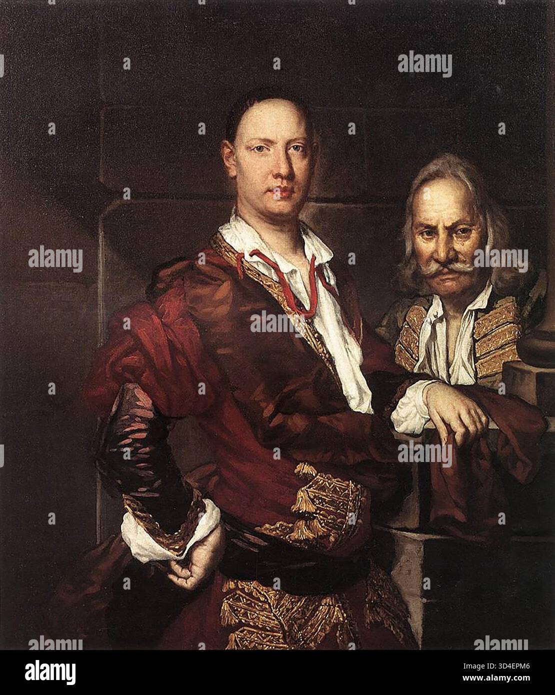 GHISLANDI, Giuseppe (né en 1655, Bergame, mort en 1743, Bergame) Portrait de Giovanni Secco Suardo et son serviteur des années 1720 huile sur toile Accademia Carrara, Bergame richesse de la couleur et maîtrise sans faille des coups de pinceau, combinée à l'intensité psychologique dans la capture du caractère, sont les caractéristiques des portraits de Ghislandi. Dans ce cas, la peinture porte également des nuances morales. Même en se relaxant, ce qui peut être déduit de la façon dont ses vêtements sont desserrés et du fait qu'il ne porte pas de perruque, le noble maintient son équilibre formel et pompeux impressionnant. Le vieil homme à l'air sage pourrait bien seulement Banque D'Images