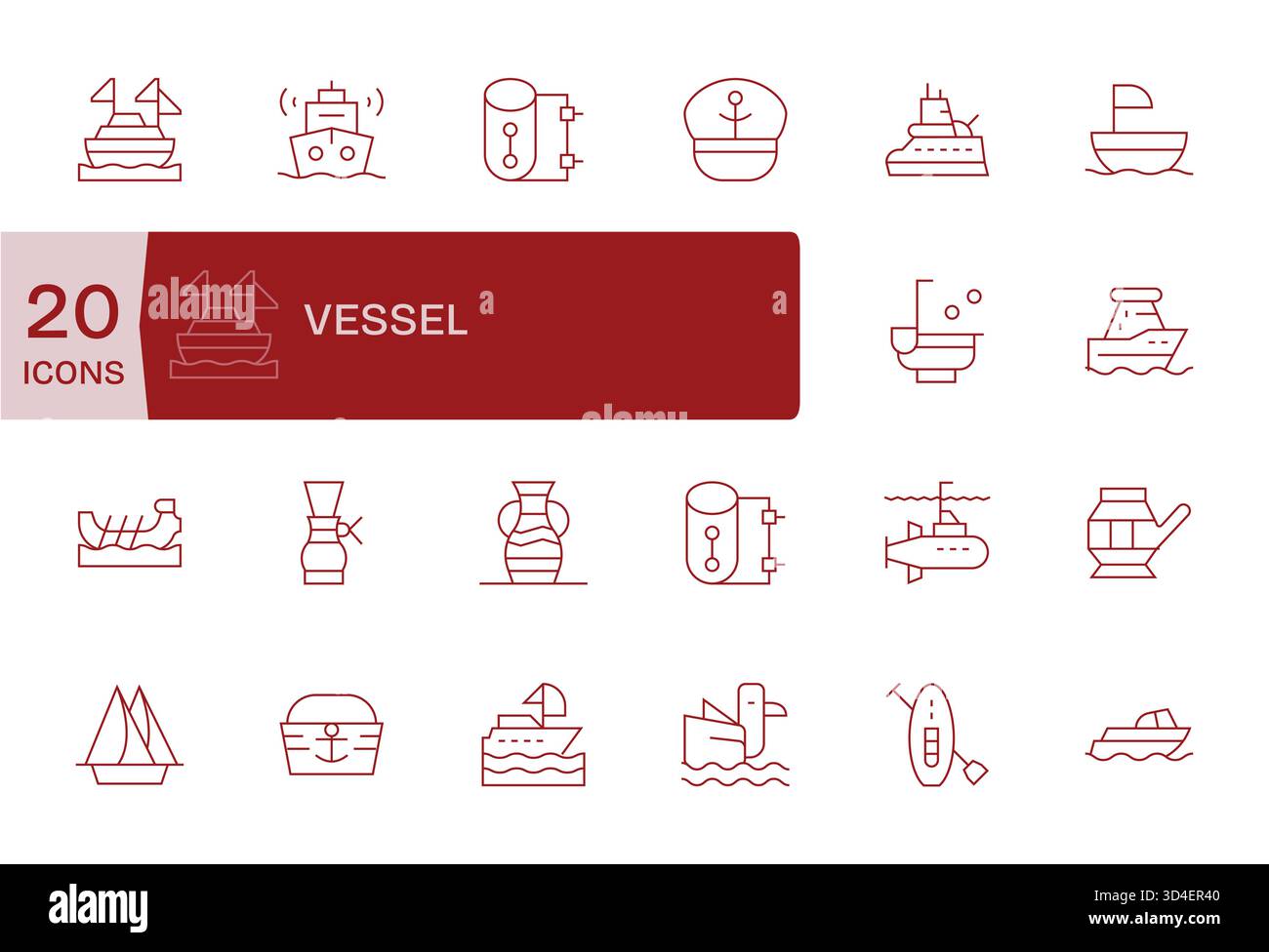 Concevez plus rapidement avec 20 icônes Thin Line pour le vaisseau, structurées pour des grilles et un espacement cohérents. Illustration de Vecteur