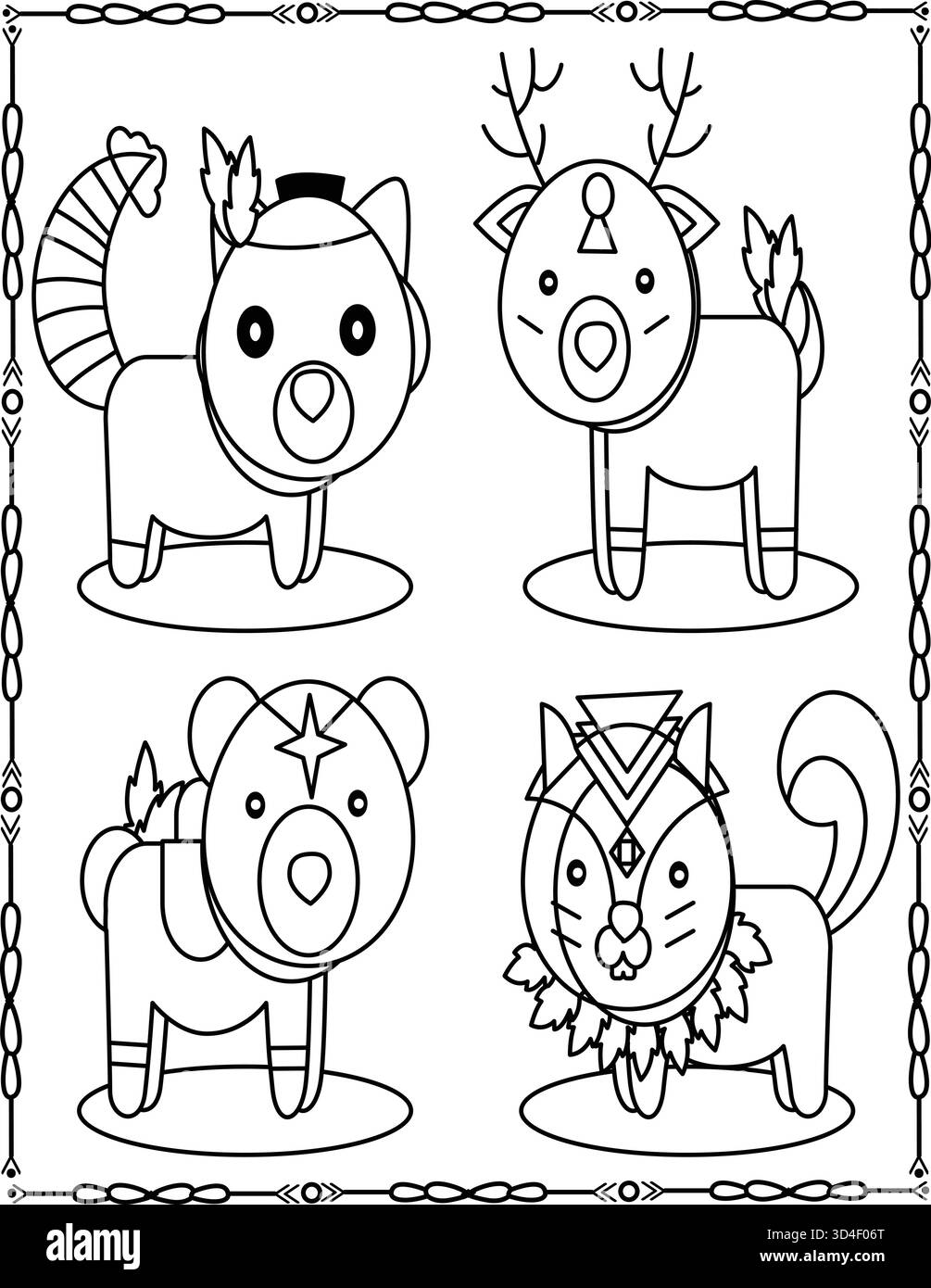 Page de coloration des animaux de la forêt tribale. Mignon chat, cerf, ours et Lion Line Art pour enfants. Illustration de Vecteur