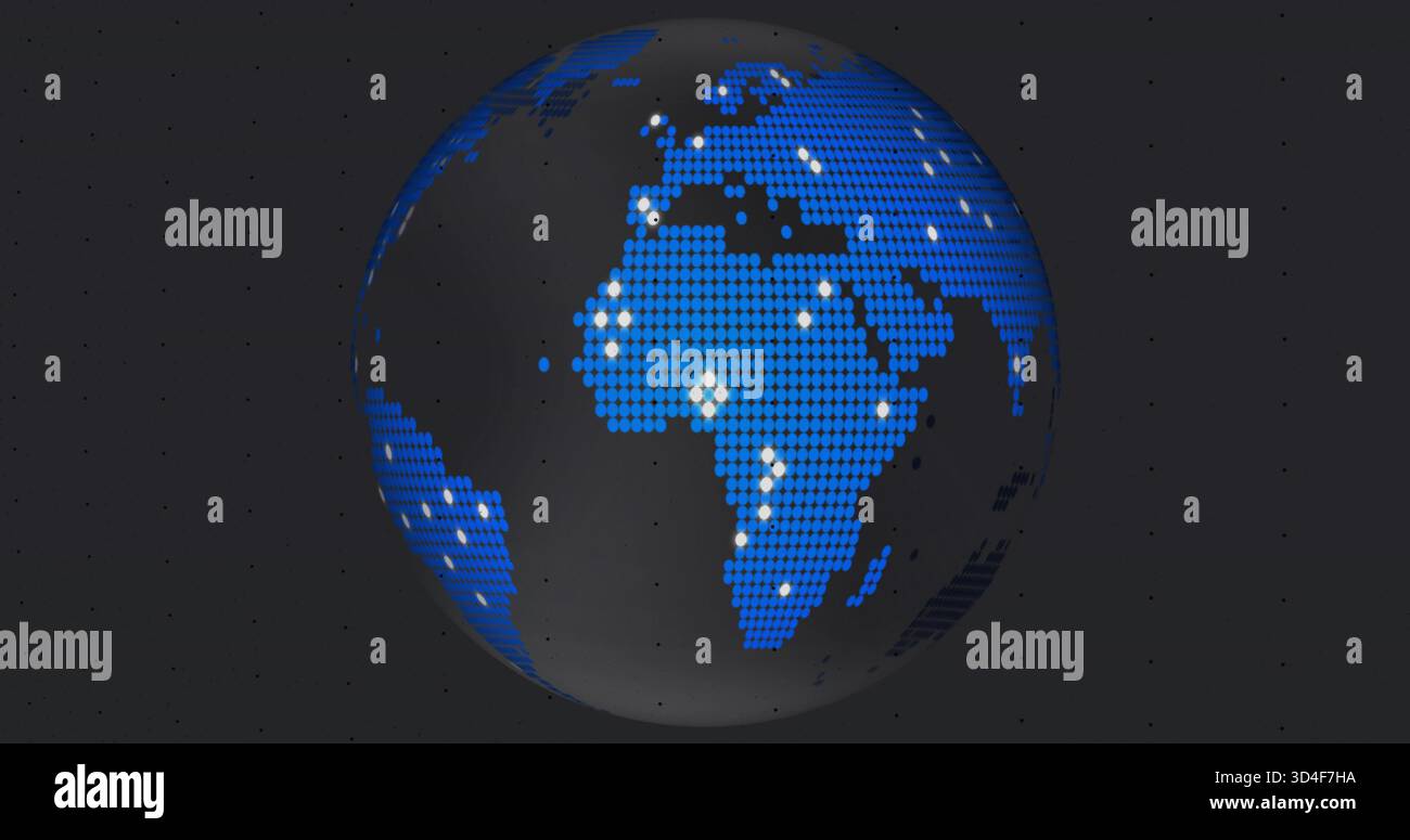 Dominant globe stylisé montrant l'Afrique, l'Europe, le Mideast en studio numérique, avec des nœuds de données blancs Banque D'Images