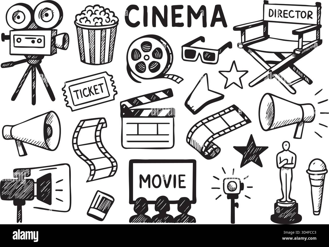 Une collection graphique d'éléments du cinéma et de l'industrie cinématographique dessinés à la main dans un style de croquis de doodle . Illustration de Vecteur