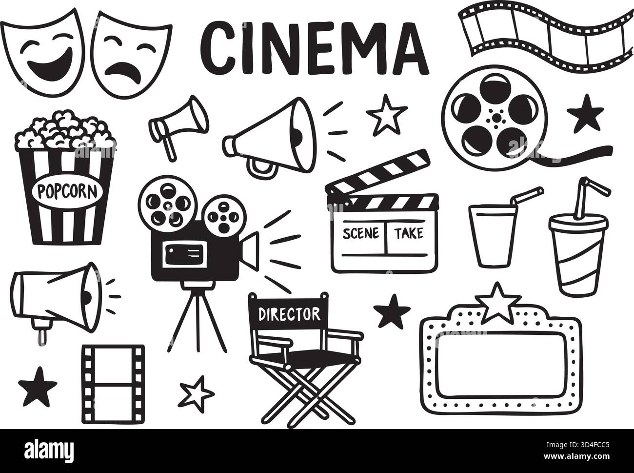 Une collection graphique d'éléments du cinéma et de l'industrie cinématographique dessinés à la main dans un style de croquis de doodle . Illustration de Vecteur
