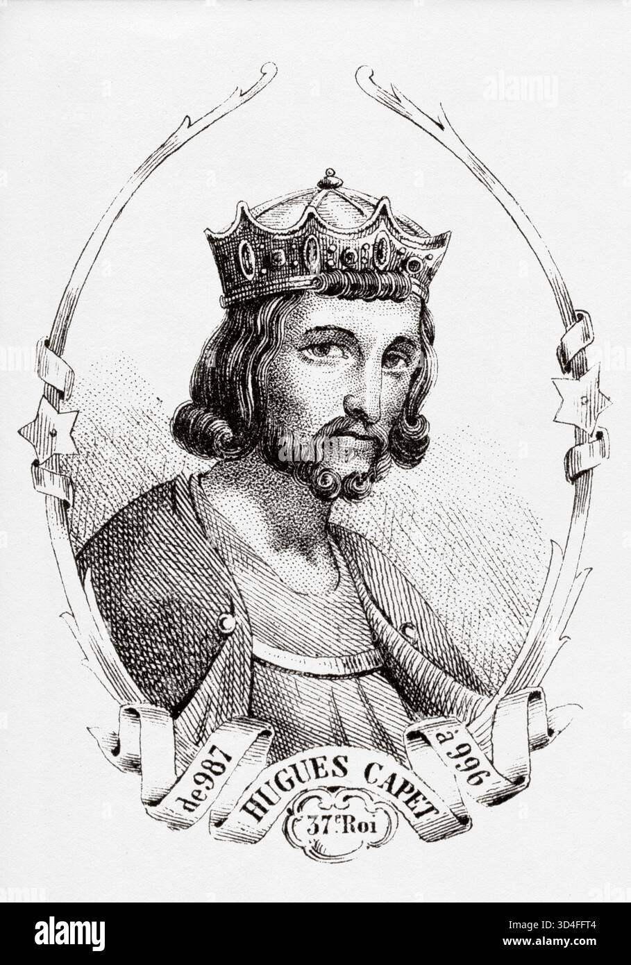 Portrait de Hugues Capet (941-996) Roi des Francs. Illustration ancienne d'Emile Simon (1805-1886) tirée de l'Atlas historique et pittoresque, histoire universelle 1861 Banque D'Images
