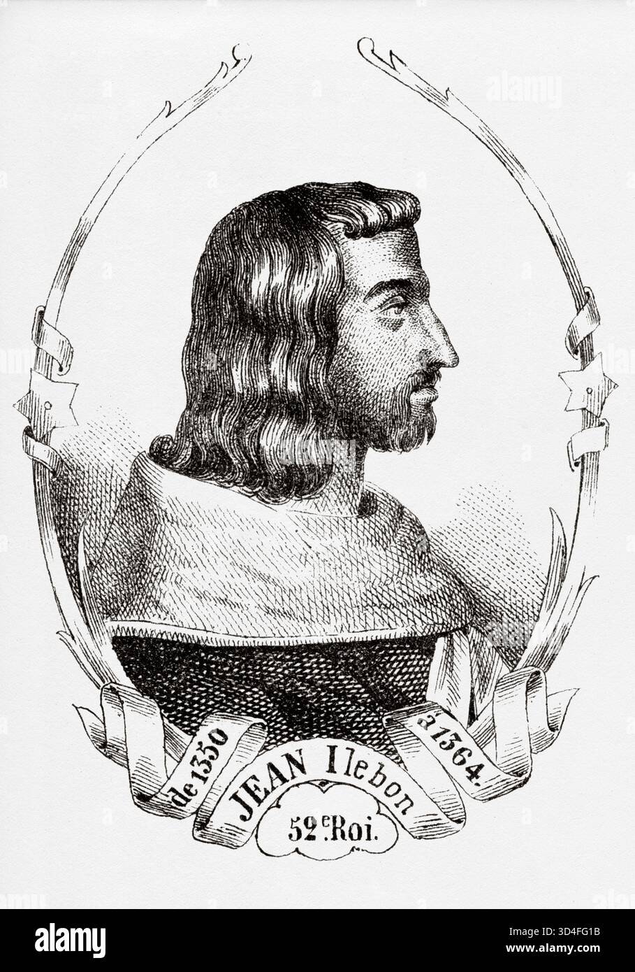 Portrait de Jean II le bon (1319-1364) Roi de France. Illustration ancienne d'Emile Simon (1805-1886) tirée de l'Atlas historique et pittoresque, histoire universelle 1861 Banque D'Images