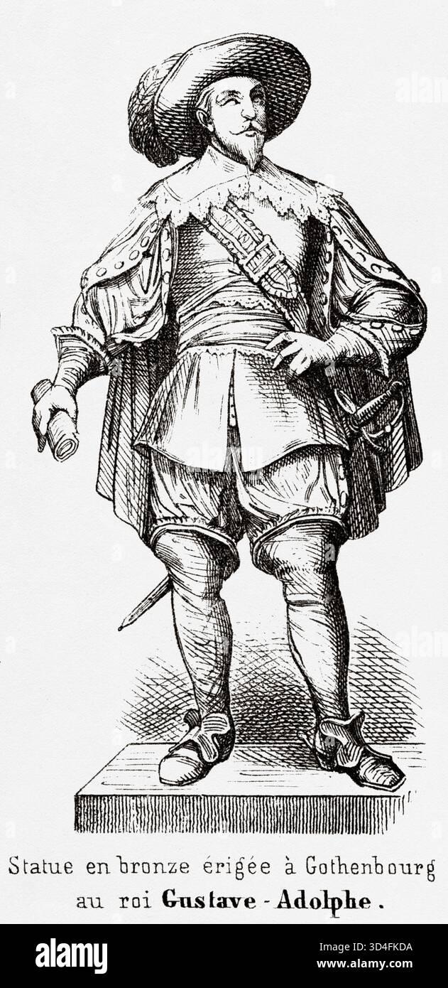 Gustav II Adolf (1594-1632) Statue à Gothenburg, Suède. Illustration ancienne d'Emile Simon (1805-1886) tirée de l'Atlas historique et pittoresque, histoire universelle 1861 Banque D'Images