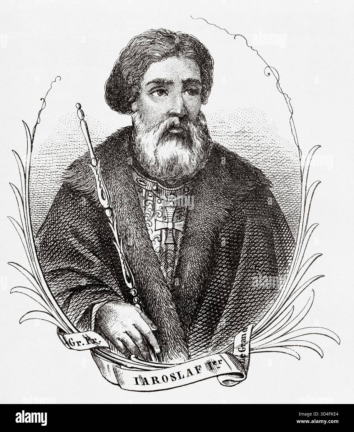 Portrait de Iaroslav Ier Vladimirovitch (978-1054) fut Grand Prince de Kiev de 1019 jusqu'à sa mort en 1054. Il était également Prince de Novgorod de 1010 à 1034 et Prince de Rostov de 987 à 1010, en Russie. Illustration ancienne d'Emile Simon (1805-1886) tirée de l'Atlas historique et pittoresque, histoire universelle 1861 Banque D'Images