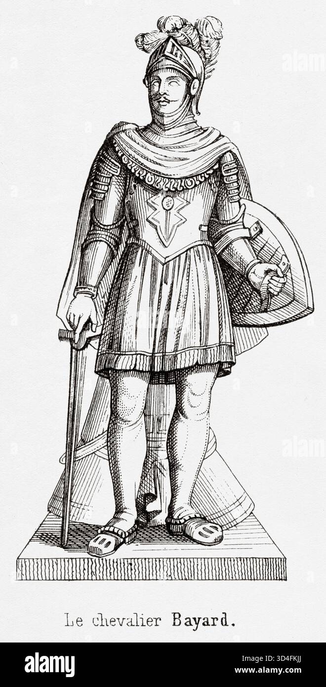 Pierre Terrail, seigneur de Bayard (1476-1524) était un chevalier français et chef militaire dans la transition entre le moyen âge et la Renaissance connu sous le nom de Chevalier de Bayard, France. Illustration ancienne d'Emile Simon (1805-1886) tirée de l'Atlas historique et pittoresque, histoire universelle 1861 Banque D'Images