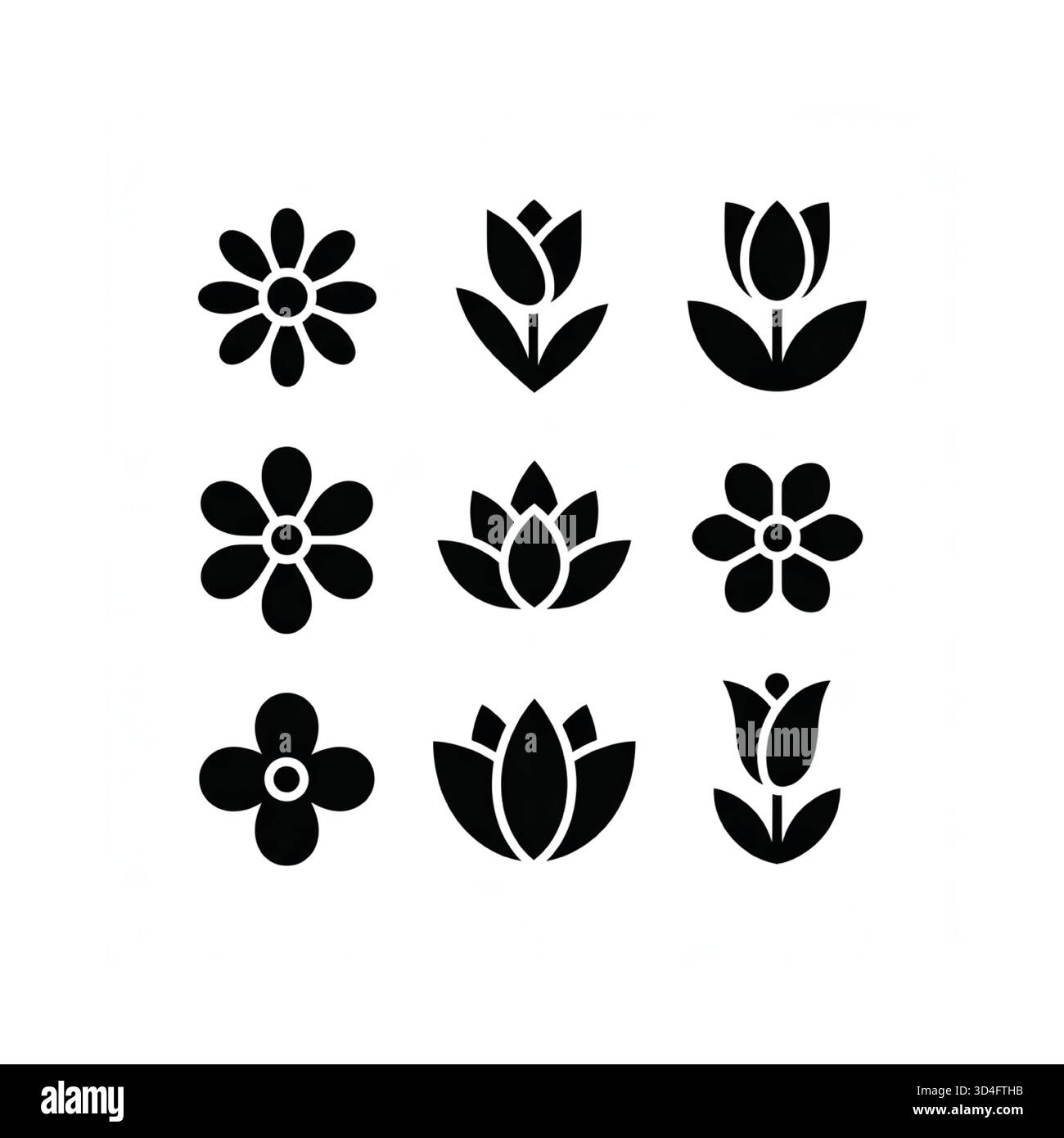 Une grille de neuf silhouettes de fleurs noires distinctes, y compris des marguerites, des tulipes et des fleurs de lotus, sur fond blanc. Illustration de Vecteur