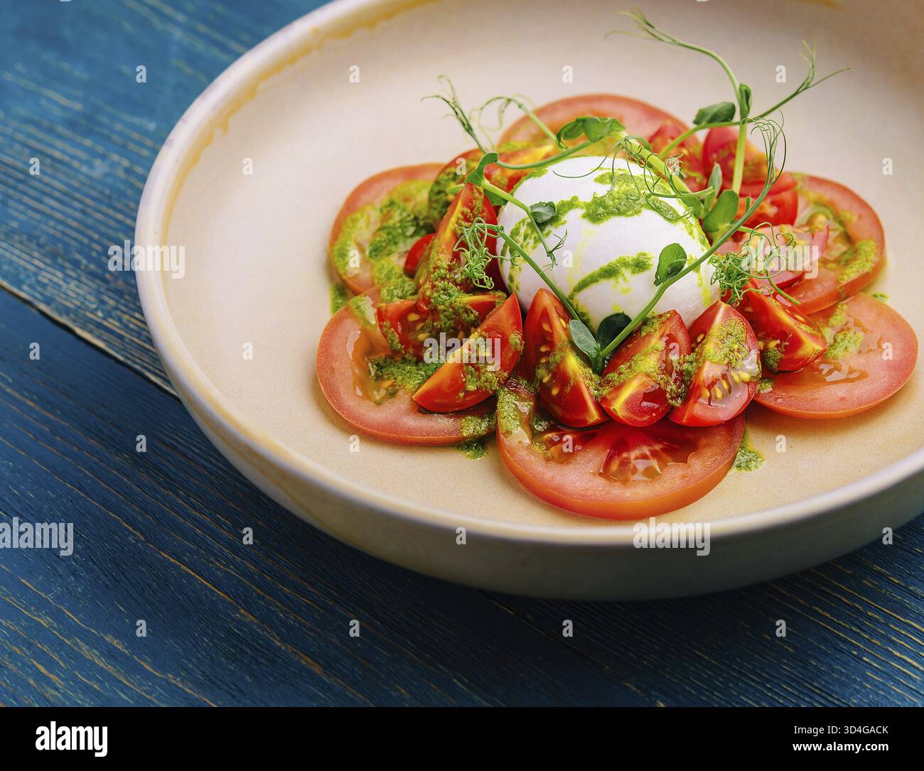 Nourriture, fromage Burrata et salade de tomates servis dans l'assiette Banque D'Images