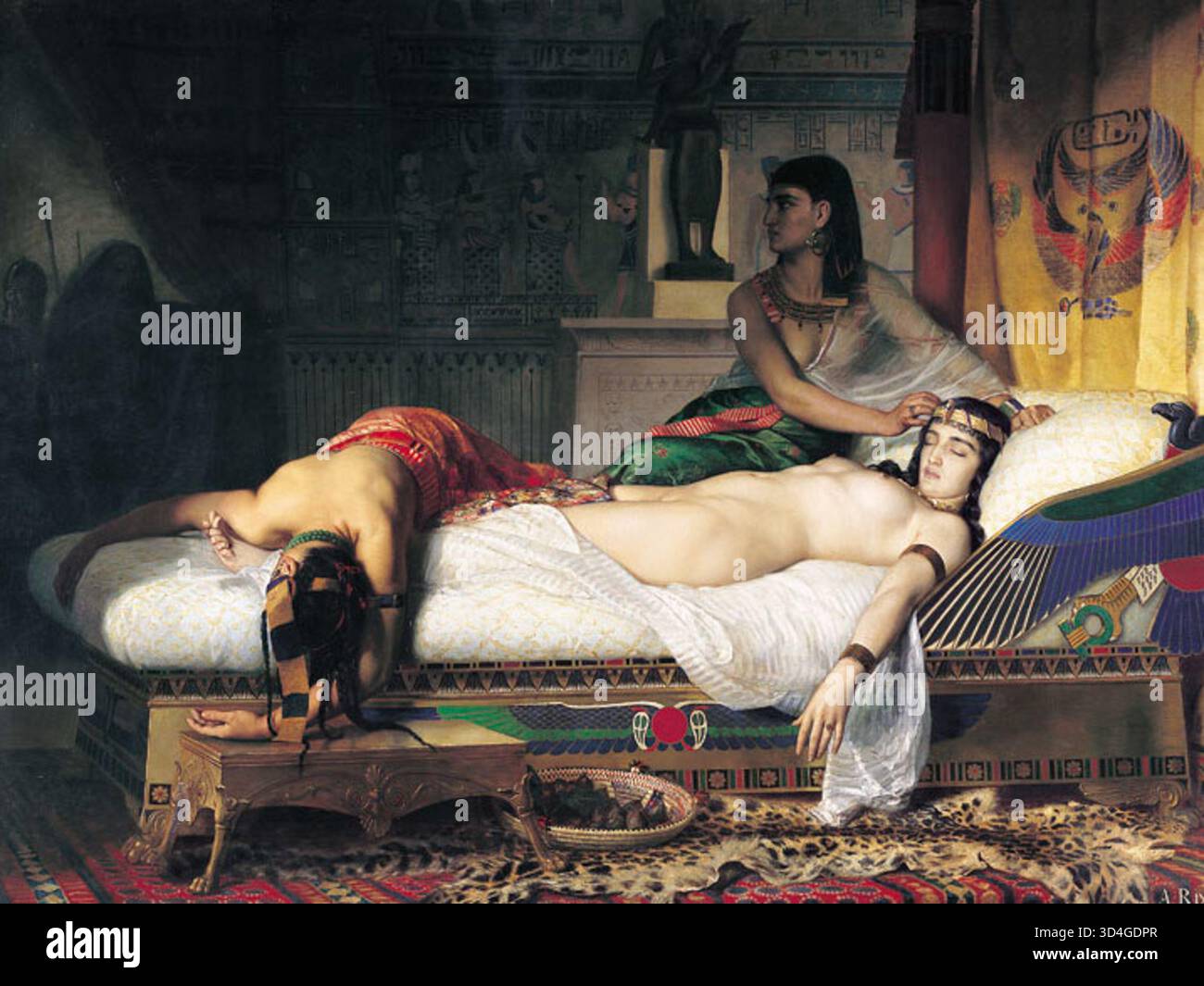 Cette œuvre, intitulée « mort de Cléopâtre » par Rixens, représente les derniers moments de Cléopâtre avec une intensité dramatique. La pièce capture la signification émotionnelle et historique de cet événement antique, offrant une représentation vivante de la disparition de Cléopâtre. Banque D'Images
