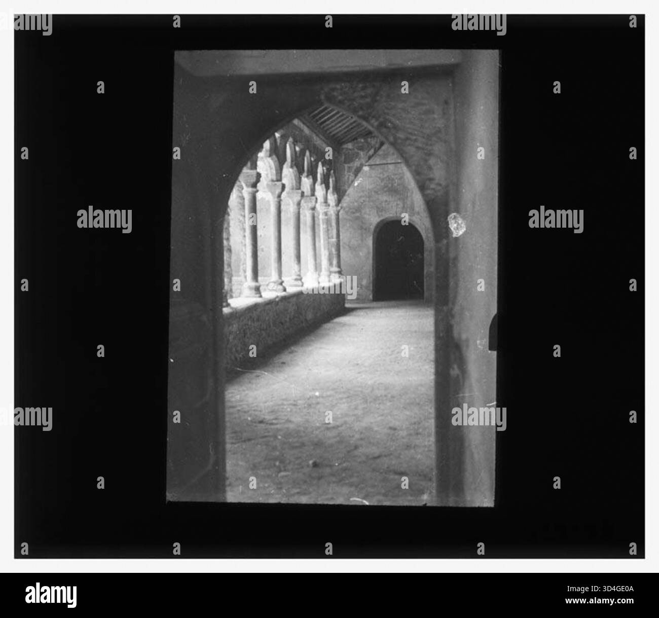 Galerie du cloître de Santa Maria del Camp avec des arches trilobées, photographiée par Antoni Gallardo i Garriga en septembre 1933. L'image capture la conception architecturale du cloître, mettant en valeur les arches uniques de cette église catalane historique. Banque D'Images