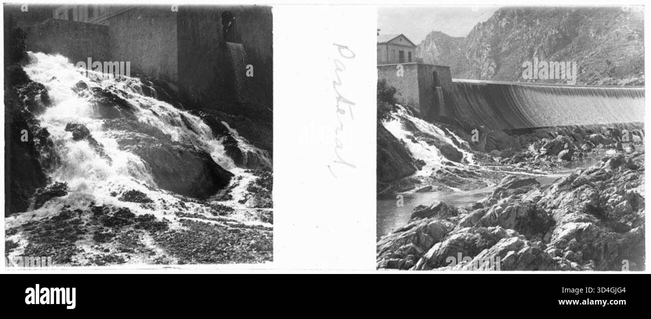 Deux images du barrage Pasteral, avec une cascade à gauche et le barrage avec des montagnes en arrière-plan, capturées par Josep Maria Armengol i Bas entre 1899 et 1910. Banque D'Images