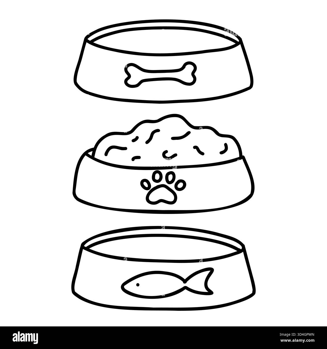 Ensemble de doodle vectoriel dessiné à la main, bols de nourriture pour animaux de compagnie Illustration de Vecteur