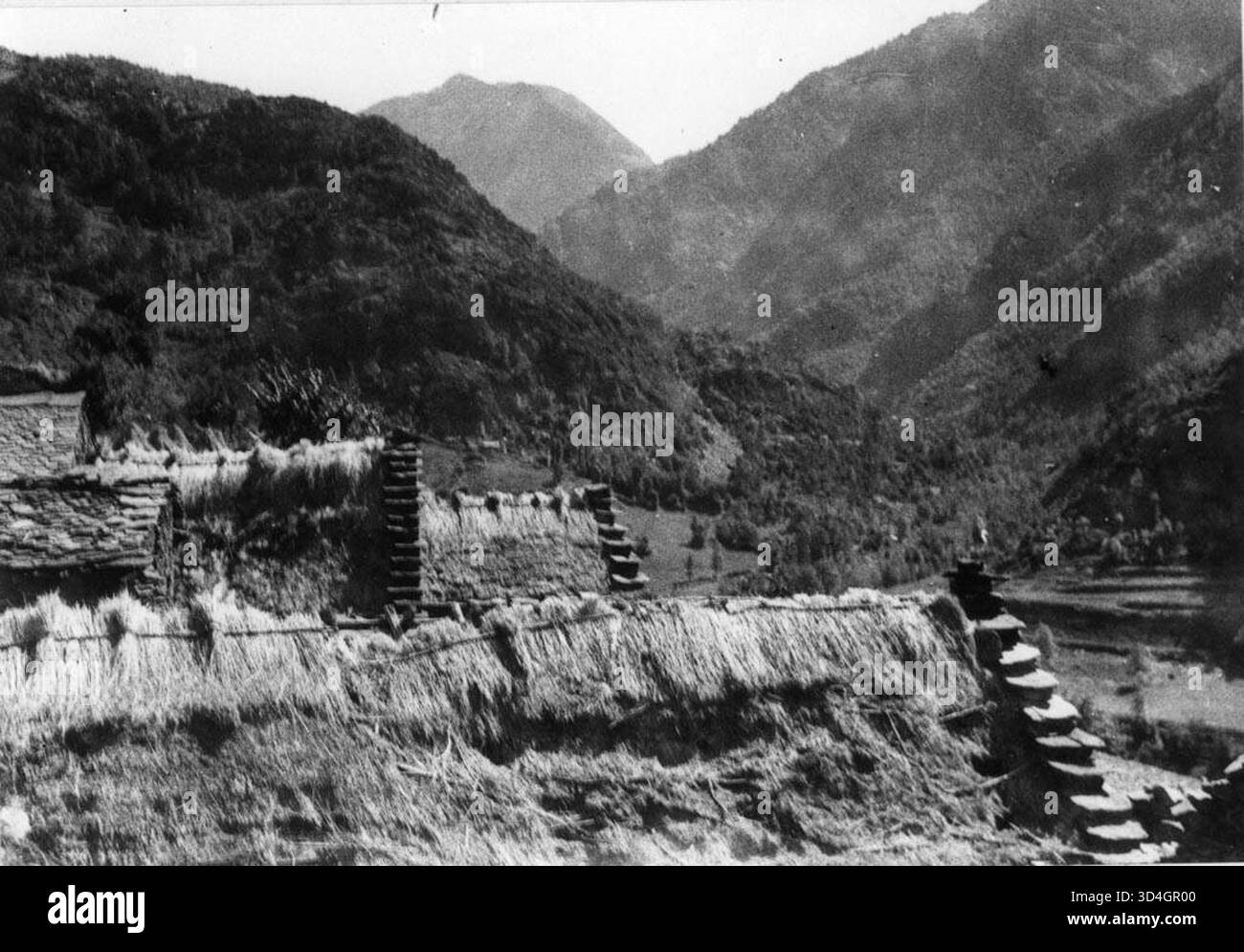Photographie représentant des toits de chaume et d'ardoise sur des bâtiments ruraux traditionnels. L’image, prise par Antoni Gallardo i Garriga, met en évidence les matériaux de construction typiques de la Catalogne rurale entre 1912 et 1934. Banque D'Images