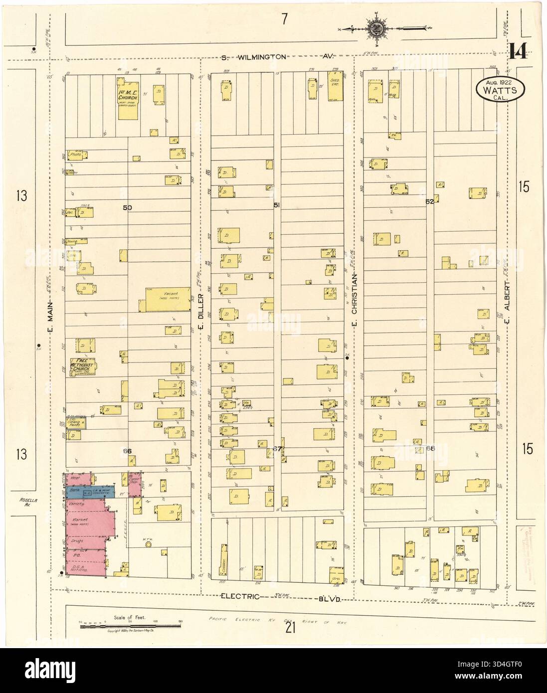 Cette carte de Sanborn de 1922 montre les détails de l'infrastructure urbaine et des risques d'incendie pour Watts, dans le comté de Los Angeles, en Californie, y compris les données de zonage et de bâtiment. Banque D'Images
