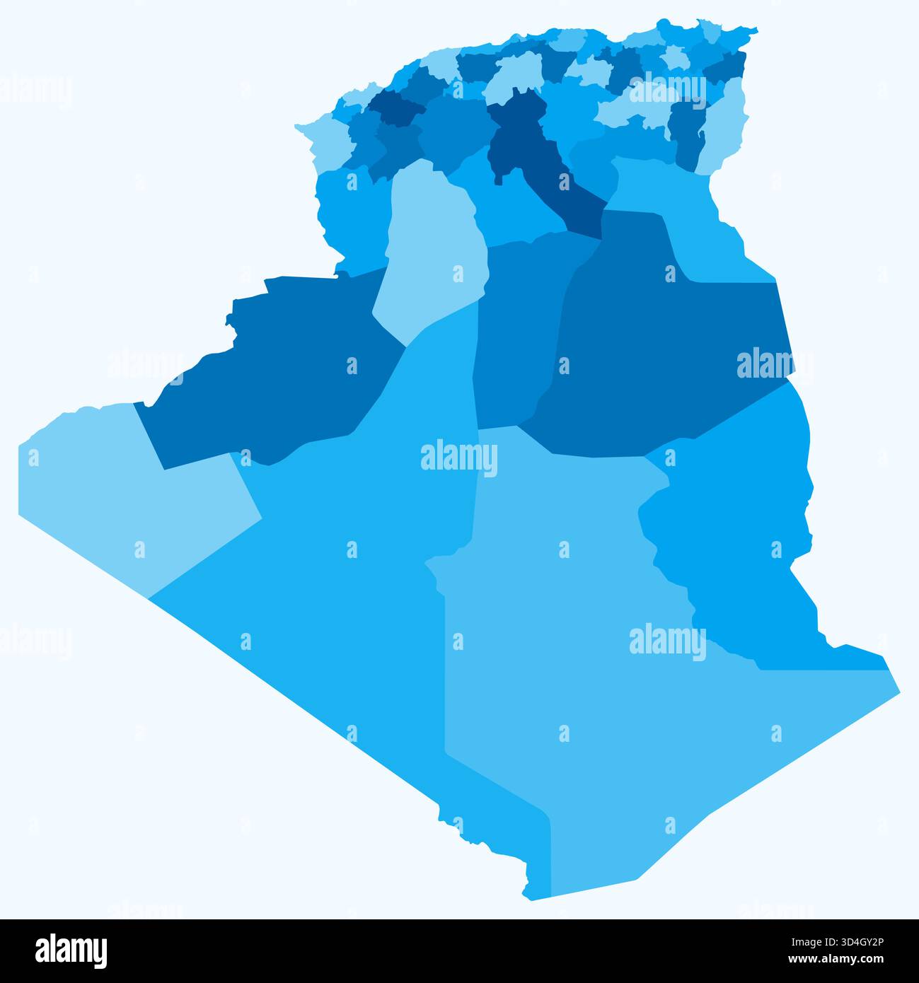 Carte d'Algérie avec les régions. Juste une carte de frontière de pays simple avec division de région. Palette de couleurs bleu clair. Illustration de Vecteur