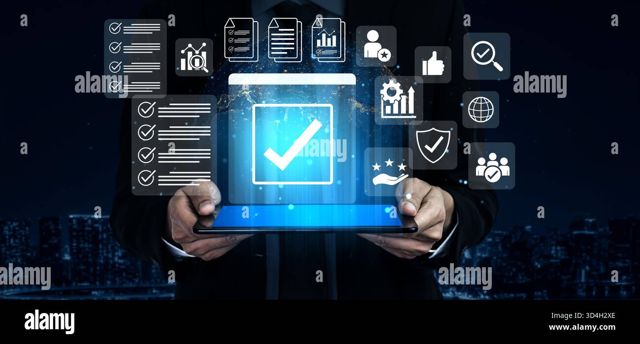 La liste de contrôle métier garantit la cohérence des processus, améliore l'assurance qualité et prend en charge une gestion efficace pour une analyse fiable des performances Banque D'Images