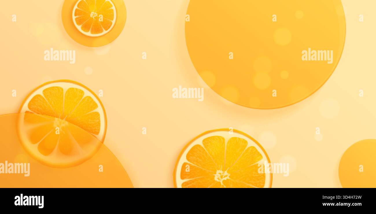 Fond cosmétique orange. Oranges réalistes plaques de glassmorphisme vitamine c sérum molécule beauté nature produit de fruits affiche propre desig minimaliste Illustration de Vecteur