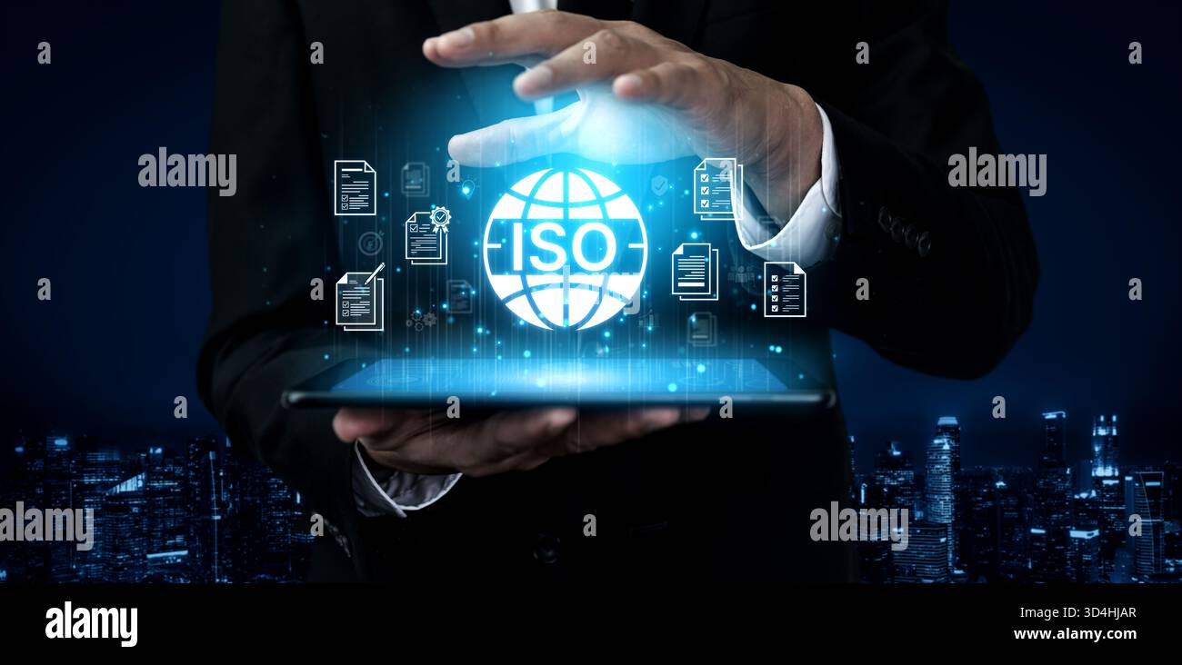 Concept de certification ISO pour la gestion de la qualité des entreprises. Cette norme internationale garantit la conformité, le contrôle des processus et l'assurance pour Banque D'Images