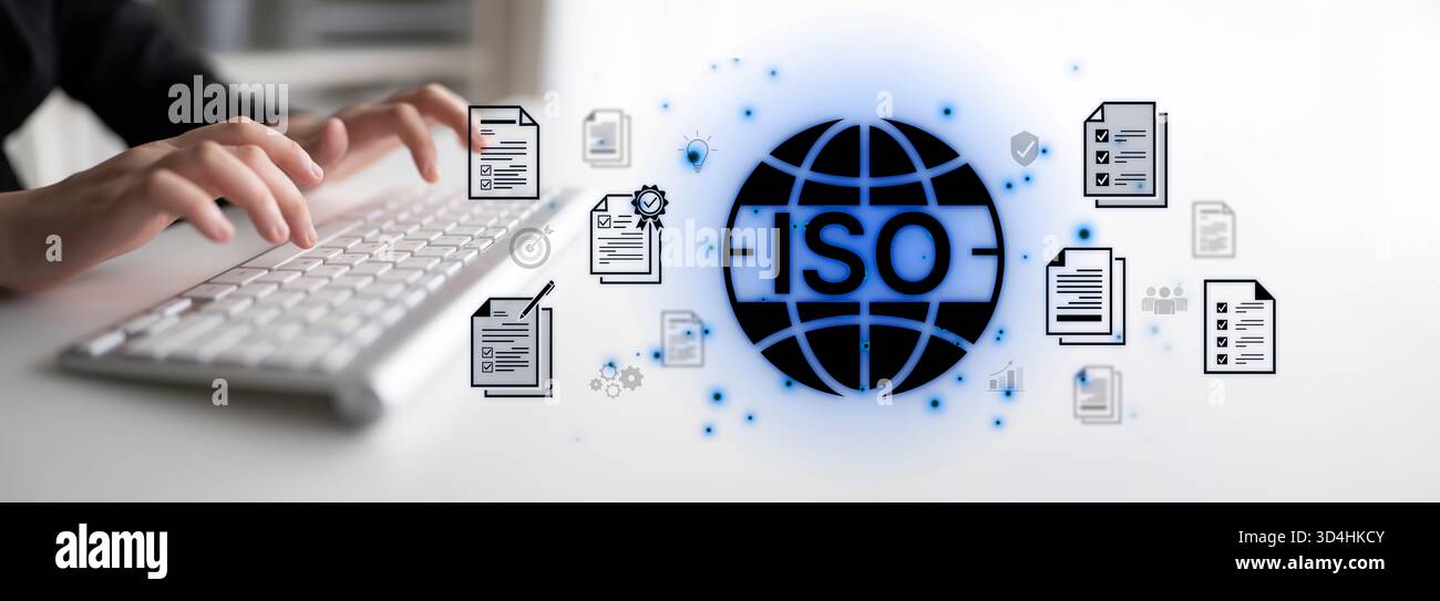 Concept de certification ISO pour la gestion de la qualité des entreprises. Cette norme internationale garantit la conformité, le contrôle des processus et l'assurance pour Banque D'Images