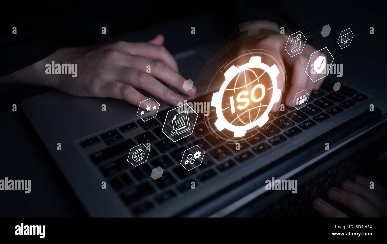 Concept de certification ISO pour la gestion de la qualité des entreprises. Cette norme internationale garantit la conformité, le contrôle des processus et l'assurance pour Banque D'Images