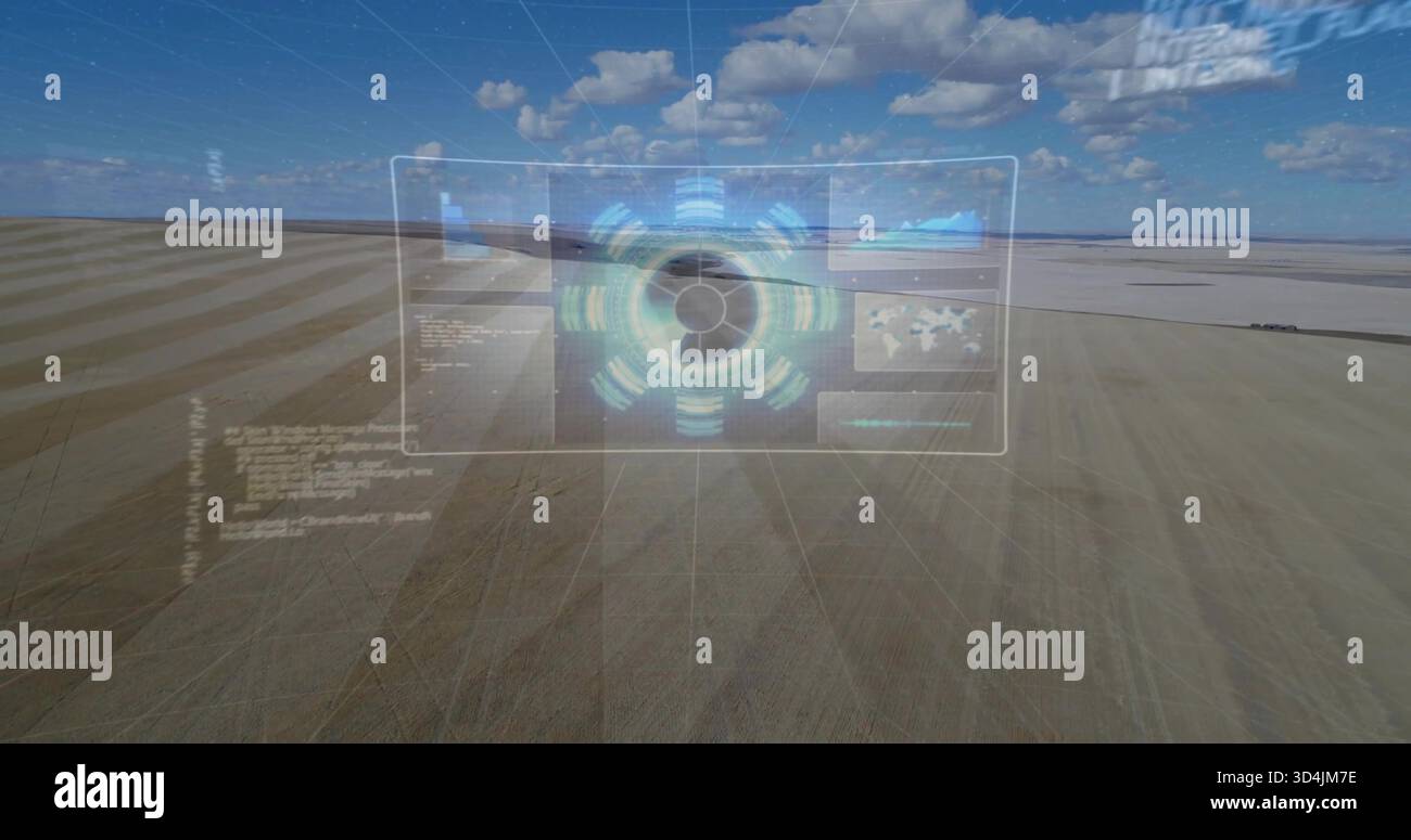 Affichage tête haute holographique flottant affichant un moyeu concentrique et des panneaux cartographiques sur une superposition quadrillée plate de sel sec Banque D'Images