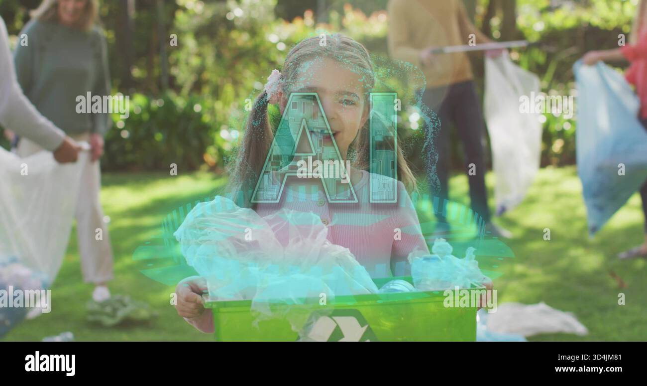 Tenant le bac de recyclage vert, fille enfant portant un pull rose ramassant la litière dans le parc, superposition ai Banque D'Images