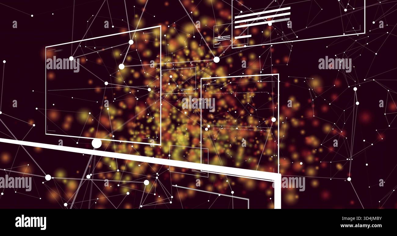 Nuage de particules jaune-orange brillant pulsant et superposant les nœuds blancs et le maillage dans l'espace virtuel Banque D'Images
