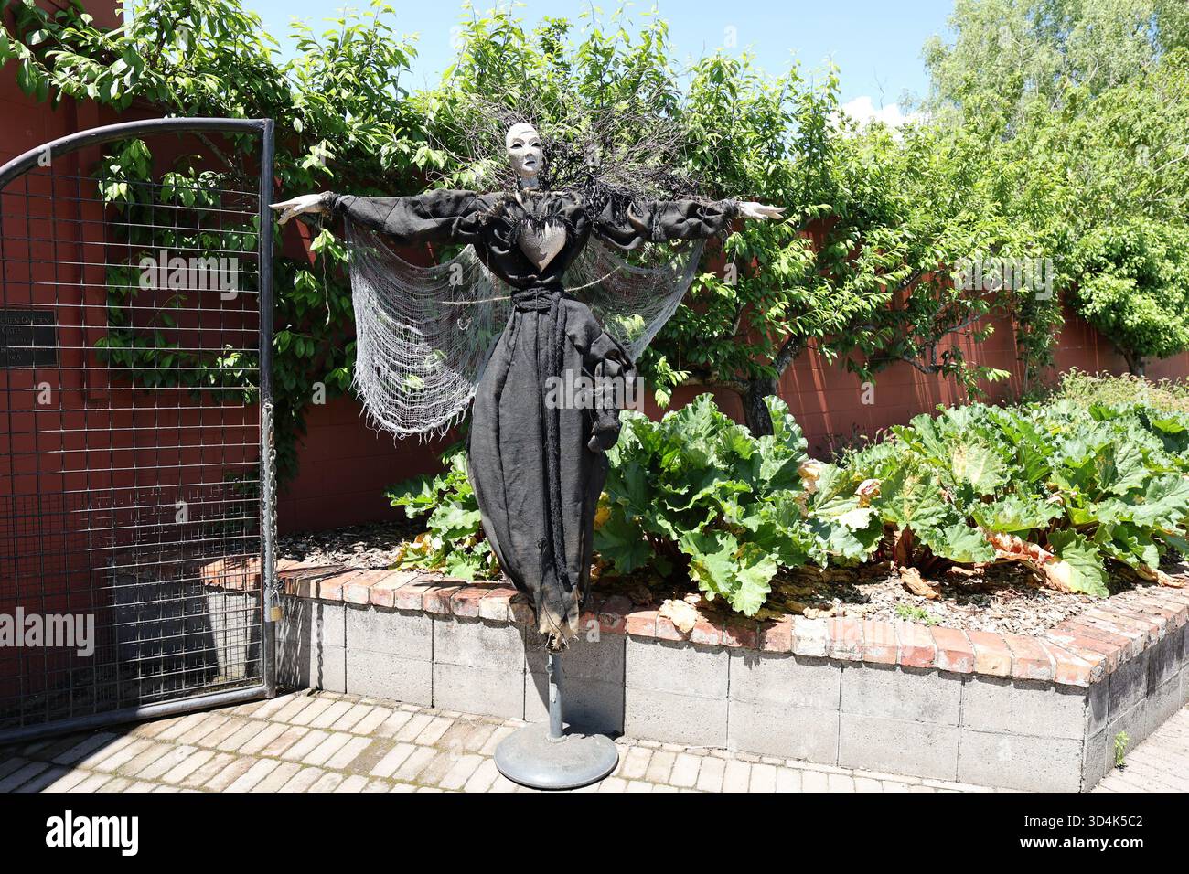 Figure effrayante d'épouvantail en robe noire dans le jardin Banque D'Images