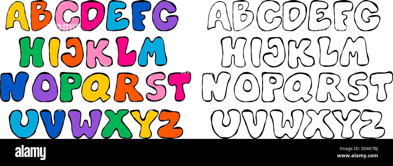 Ensemble alphabet coloré et contour. Lettres à bulles texturées crayon isolées. Griffonnages dessinés à la main pour les enfants, design rentrée, comics, post tendance Illustration de Vecteur