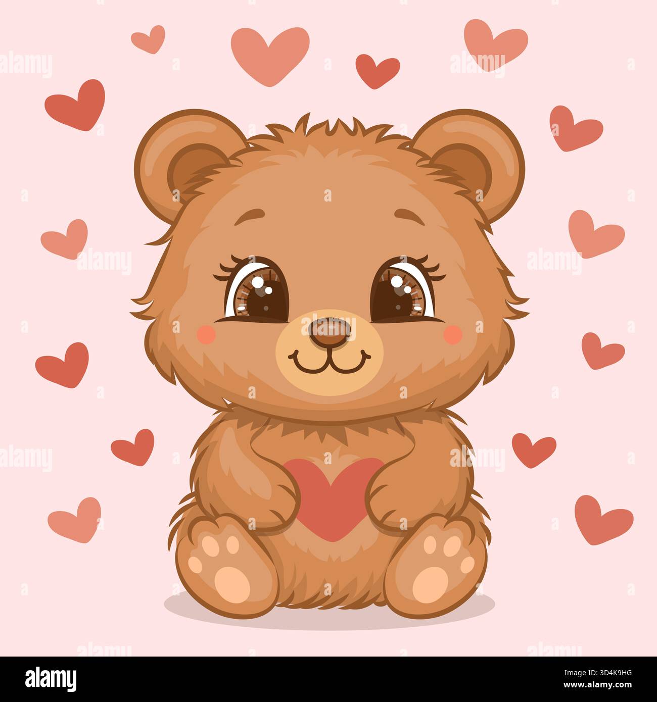Ours de dessin animé mignon avec des coeurs. Illustration vectorielle d'animal sur fond rose avec des coeurs rouges. Illustration de Vecteur