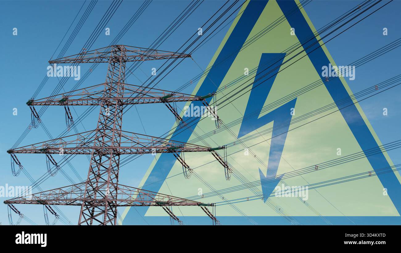 Poteau de service avec ligne haute tension et symbole électrique en arrière-plan Banque D'Images