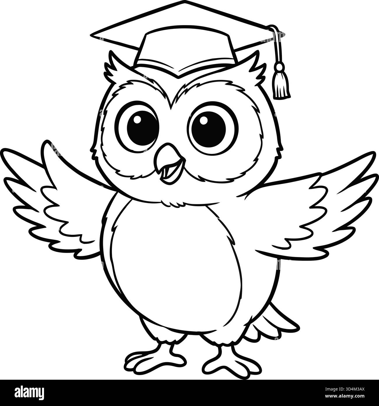Cette page à colorier amusante et engageante présente un adorable hibou portant une casquette et une robe de graduation, parfait pour les enfants et les adultes. Idéal pour l'éducation Illustration de Vecteur