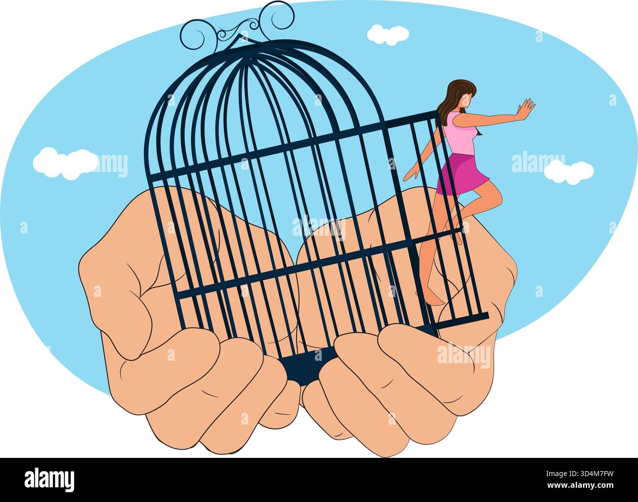 Femme cage ouverte surmontant la peur et le doute. Zone de confort d'échappement. Conception psychologique de la liberté et du risque. Femme indépendante se débarrasser de Fear Flat ve Illustration de Vecteur
