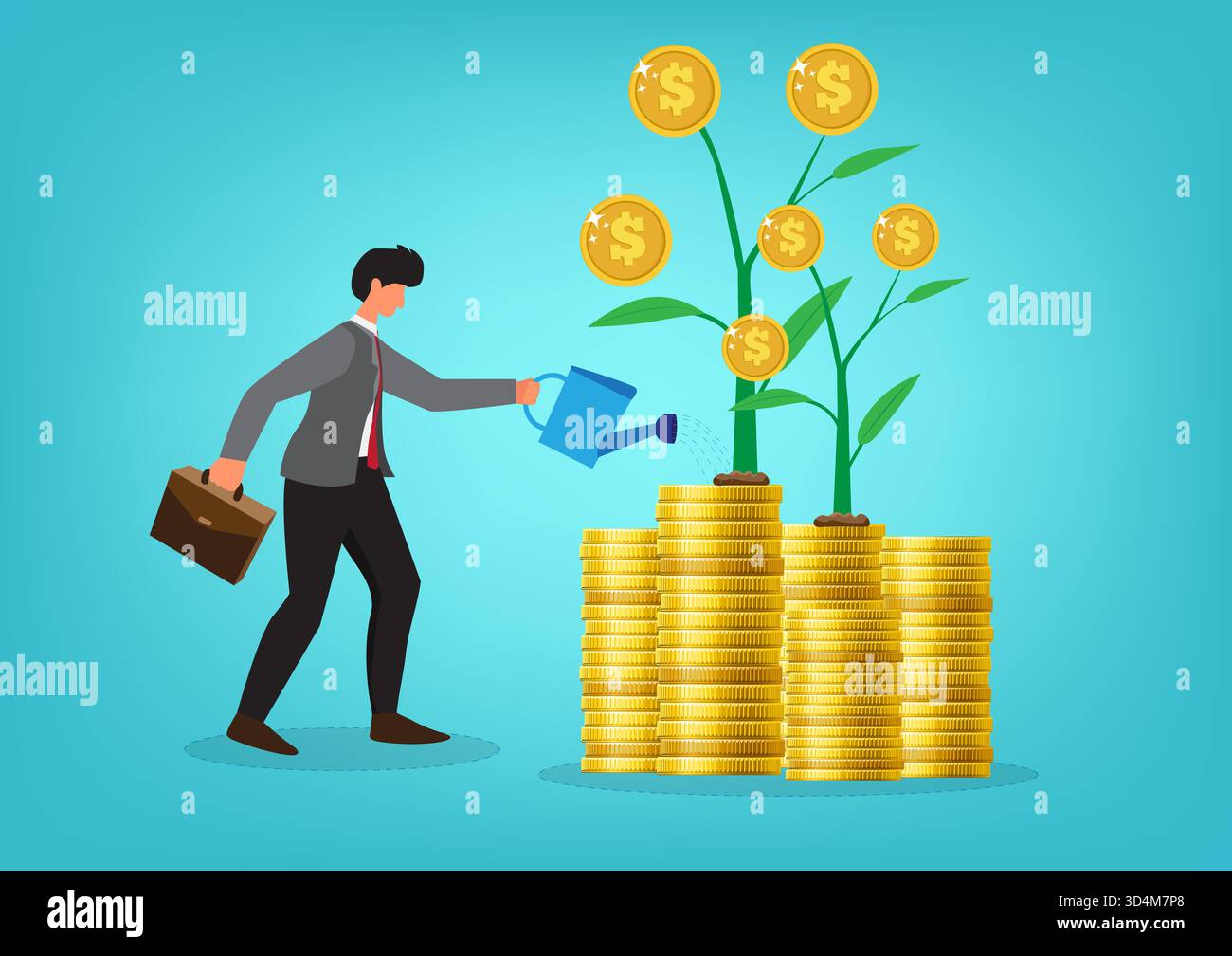 Investissement accru, croissance des bénéfices, augmentation de la richesse ou des revenus, concept de fonds de pension, investisseur, homme d'affaires arrosant des pièces pour cultiver l'usine d'argent Illustration de Vecteur