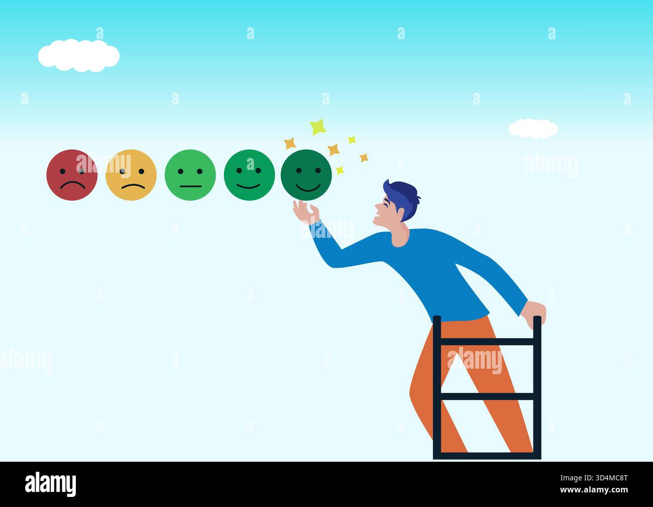 Satisfaction du client, évaluation de la rétroaction ou de l'appréciation, score positif ou service de bonne qualité, concept de vote de l'expérience client, jeune homme grimpant l Illustration de Vecteur