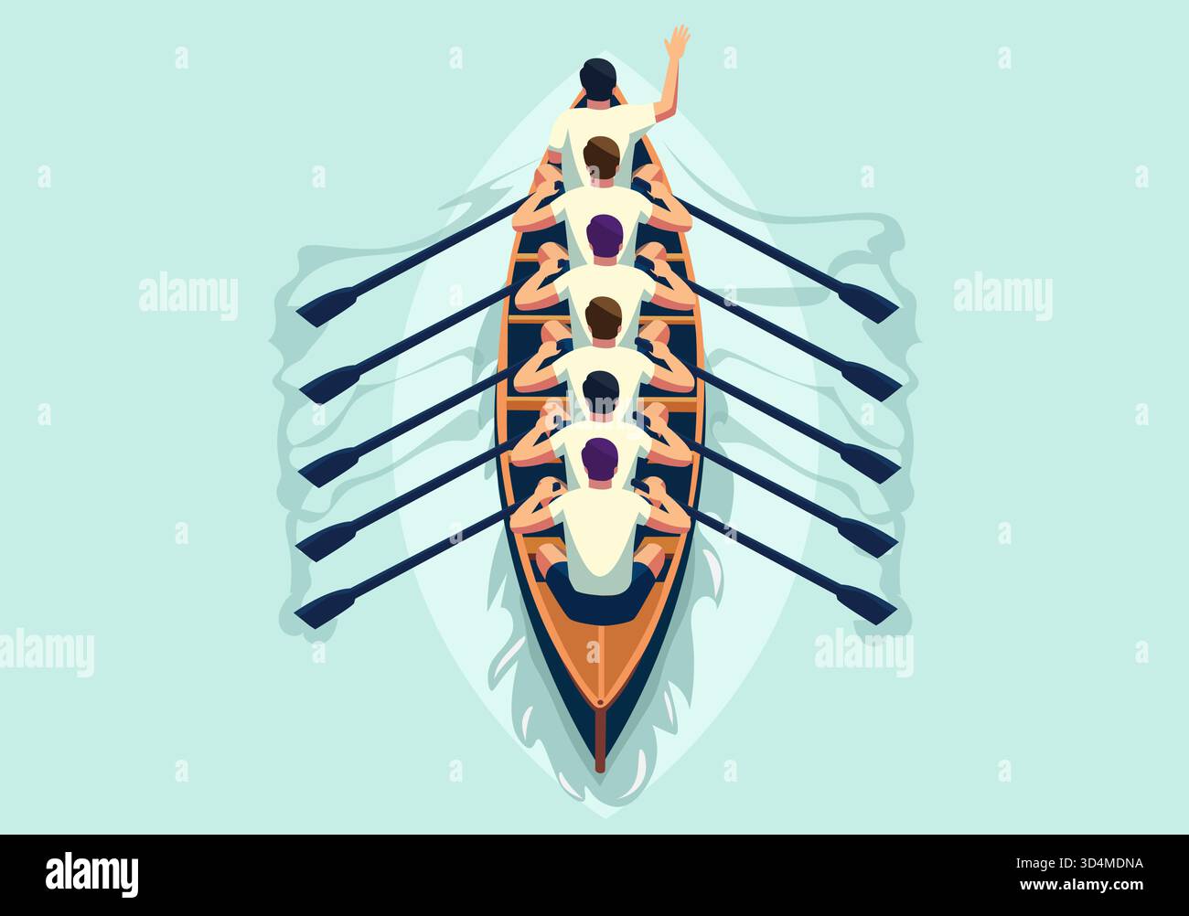 Illustration plate d'une équipe d'aviron forte. Les rameurs sont bien entraînés et rament dans l'eau ensemble, ce qui fait avancer le bateau rapidement avec Illustration de Vecteur