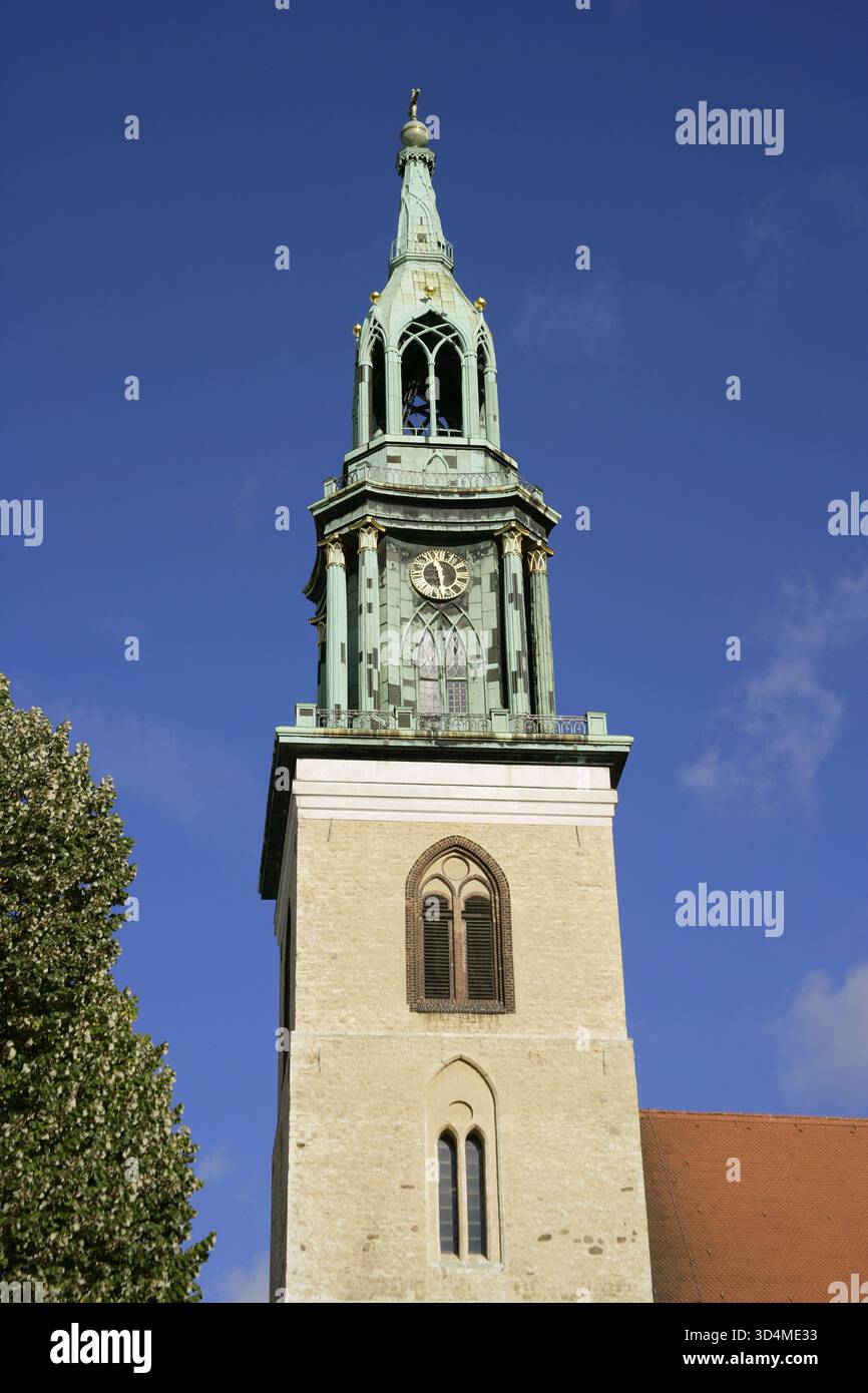 Berlin, Allemagne. Église de Marie (Marienkirche). À l'origine église paroissiale catholique (seconde moitié du XIIIe siècle), elle est devenue une église protestante luthérienne après la réforme de 1539. Vue de la tour du XVe siècle, couronnée en 1790 par un clocher de Carl Gotthard Langhans (1732-1808). Banque D'Images