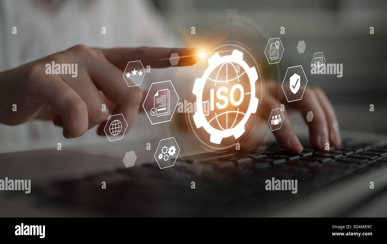 Concept de certification ISO pour la gestion de la qualité des entreprises. Cette norme internationale garantit la conformité, le contrôle des processus et l'assurance pour Banque D'Images