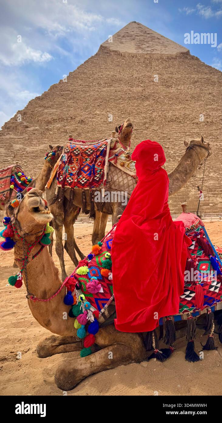 Dame en Rouge au sommet d'un chameau devant la Grande Pyramide de Khoufou, Gizeh, le Caire, Egypte Banque D'Images