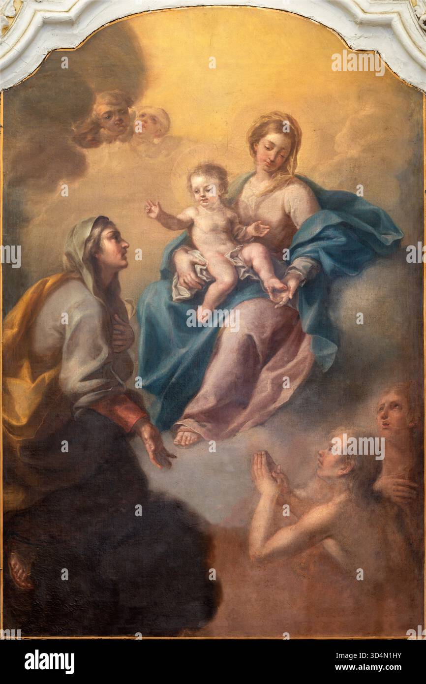 POSITANO, ITALIE - 7 OCTOBRE 2025 : la peinture de Madonna avec réunifiAnn dans la cathédrale Santa Maria Assunta par Gaetano Caporizzo 1794 Banque D'Images