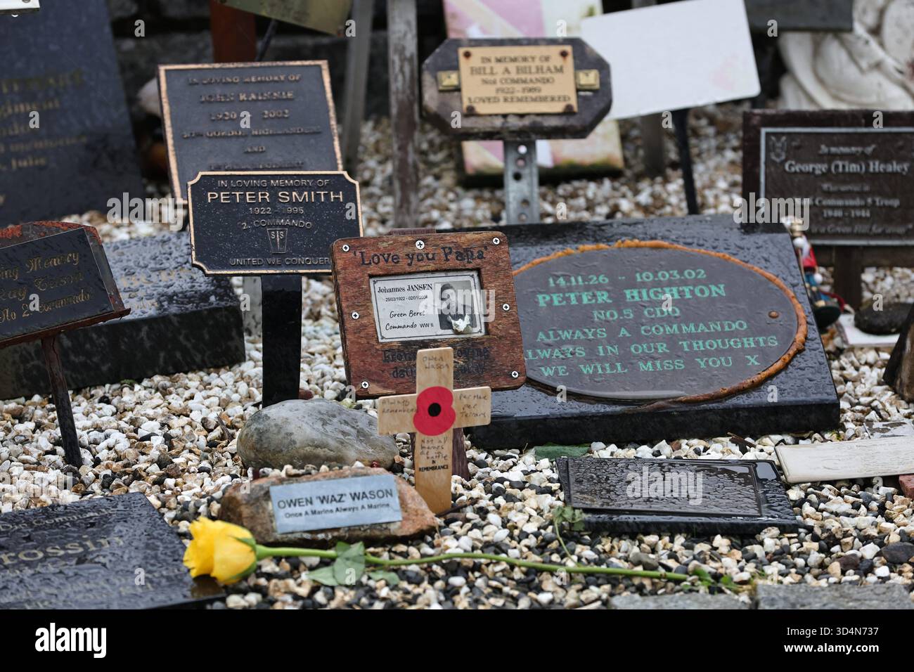 SPEAN BRIDGE, ÉCOSSE, ROYAUME-UNI. 11 NOVEMBRE 2025. Des hommages à ceux qui sont tombés au Commando Memorial à Spean Bridge en Écosse le jour de l'Armistice sont vus. Le mémorial est une statue commémorative en bronze représentant trois Commandos en bronze de la seconde Guerre mondiale faisant face à Ben Nevis, la plus haute montagne du Royaume-Uni. (Crédit : James Holyoak/Alamy Live News) Banque D'Images