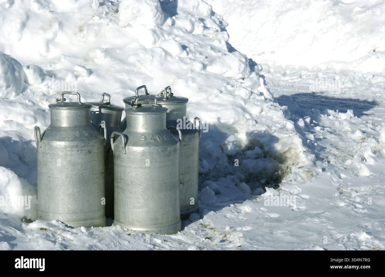 Parc régional des volcans d'Auvergne.Cezallier. Quatre canettes de lait en métal sont placées dans la neige à côté d'une déneigeuse. Puy de Dome. Auvergne Rhône Alpes. France Banque D'Images