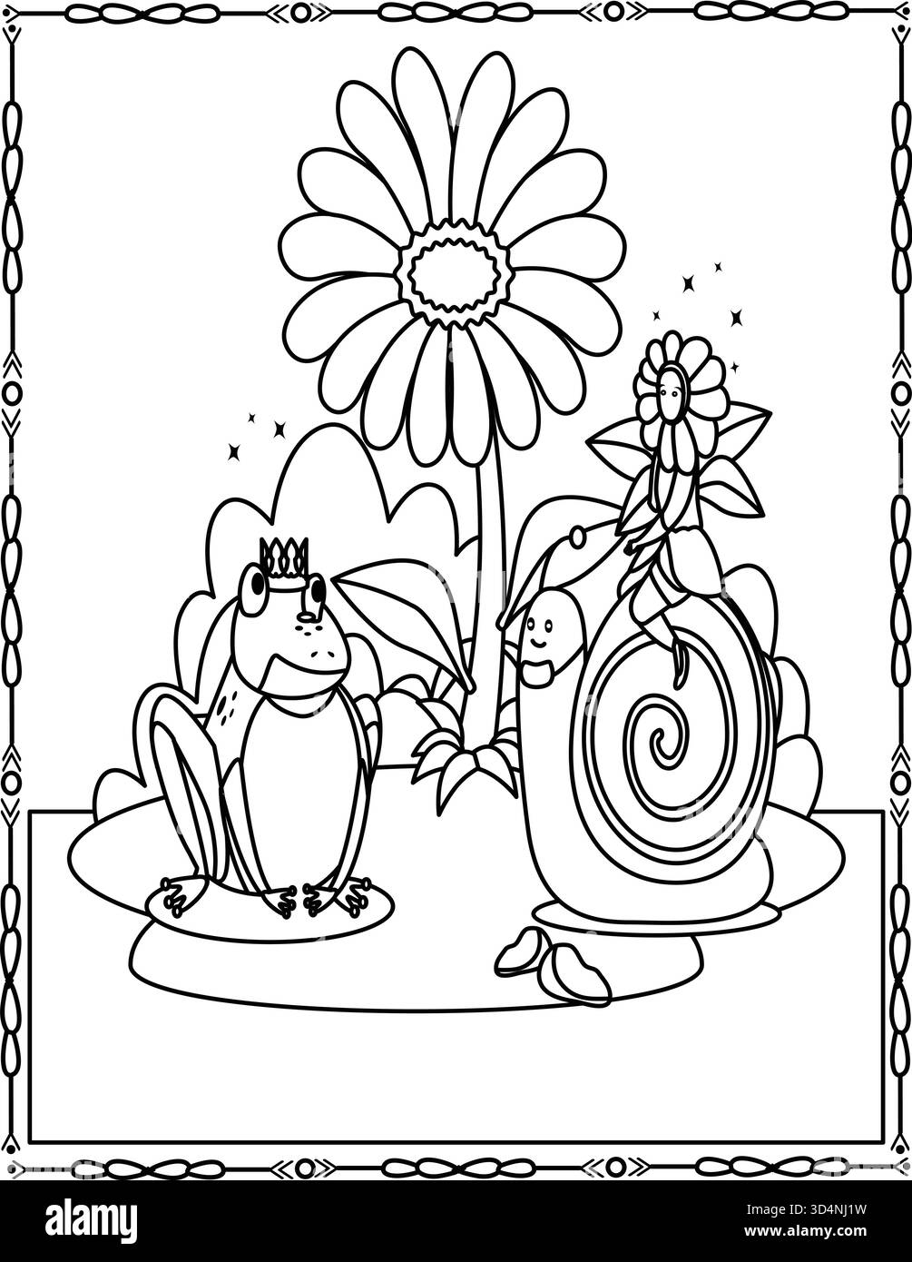 Page de coloriage jardin de fée de grenouille mignonne et d'escargot. Scène nature magique pour enfants et adultes. Illustration de Vecteur